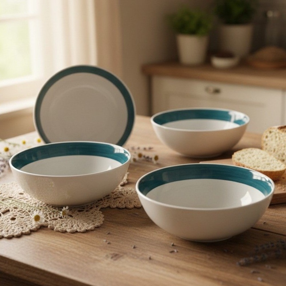 Gibson Everyday White With Green Band 4 Soup Cereal Bowls